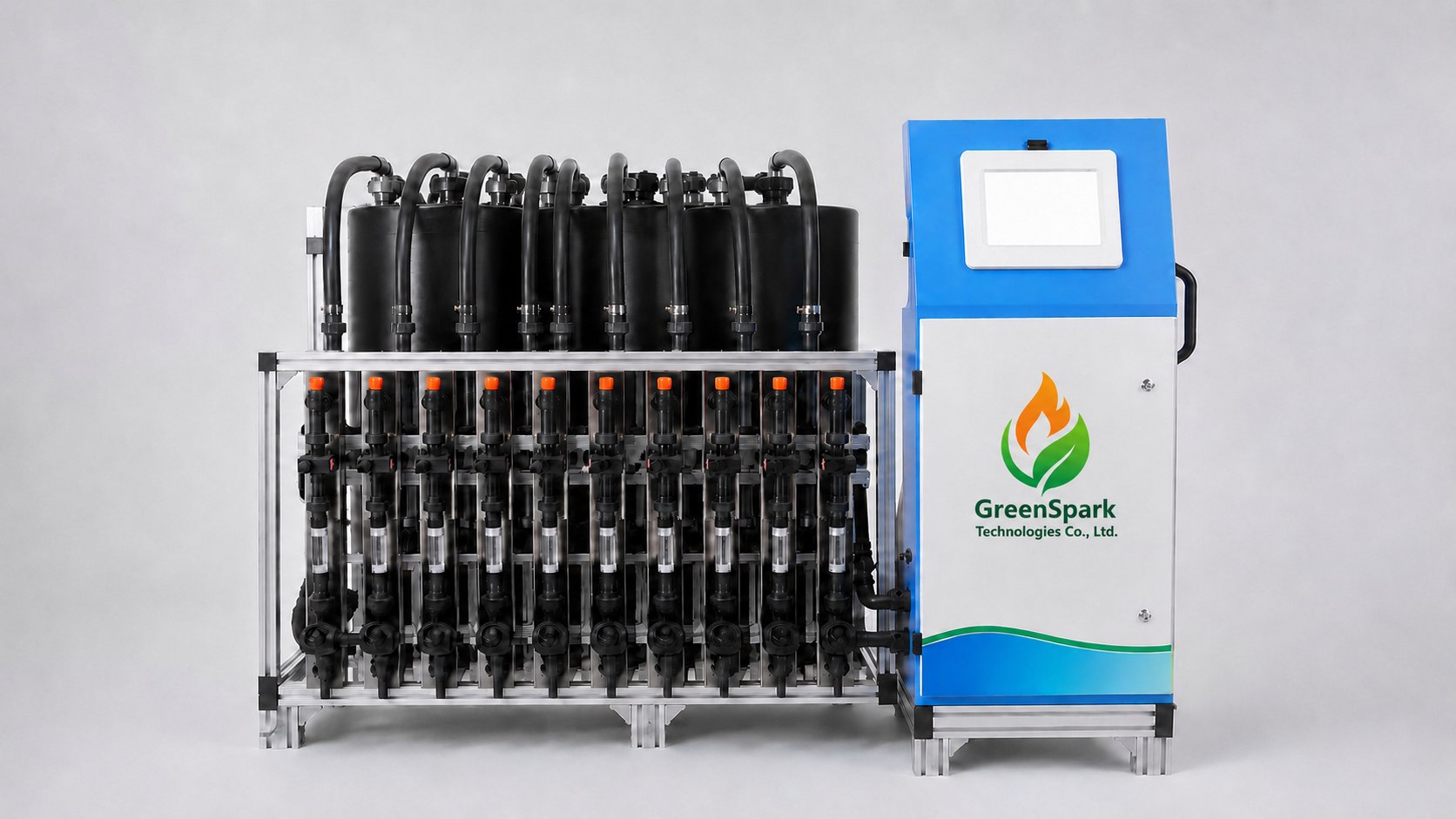 Engineering custom fertigation dosing system with multi-channel fertilizer tanks and GreenSpark control cabinet